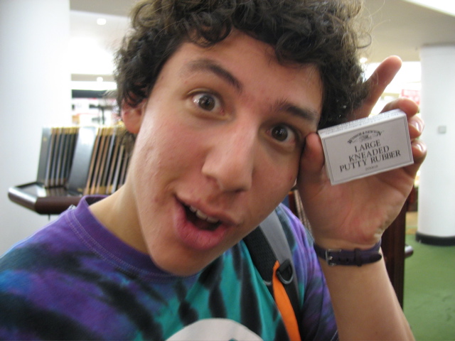 Daniel holds "Large Kneaded Putty Rubber" in Harrod's